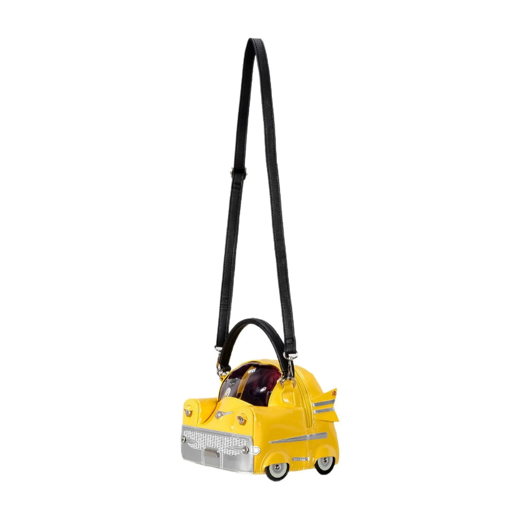 Creative cute car-shaped handbag in pink with contrast stitching and cross-body strap