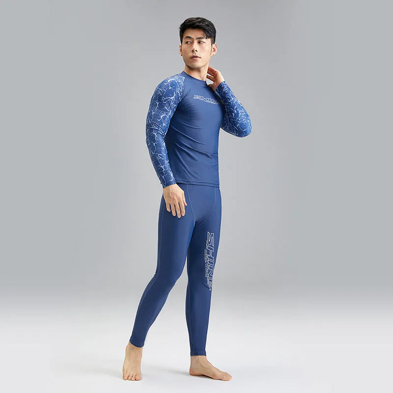 Men's dark blue patterned nylon swimwear set with top and shorts on size chart.
