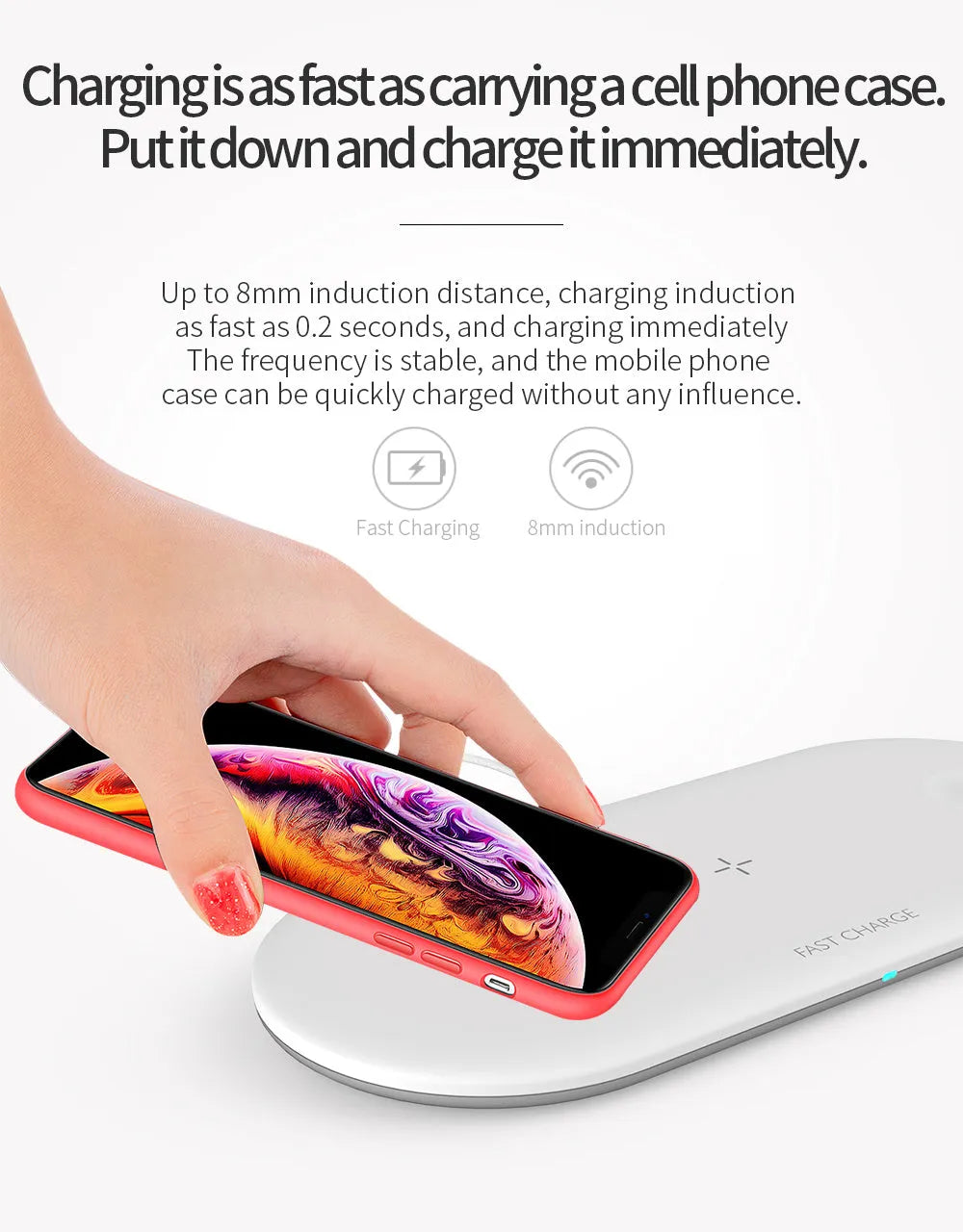 Black three-in-one wireless charging station for Apple Watch, mobile phone and earbuds on a desk