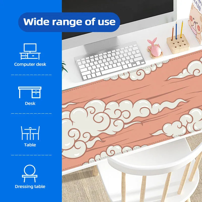 Large Japanese-style simple graphic desk mat with non-slip natural rubber base on a wooden desk.