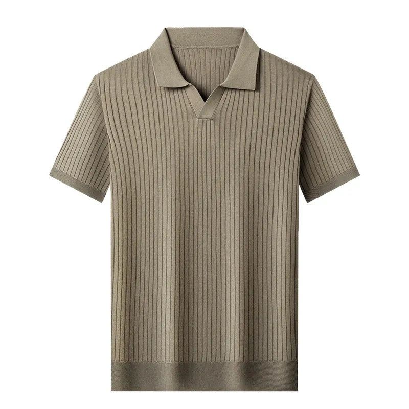 Men's striped mulberry silk T-shirt with lapel design in black colour showing short sleeves and straight cut