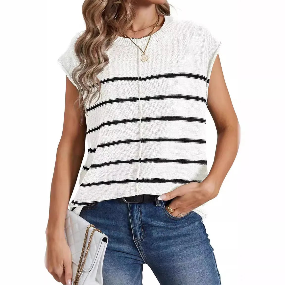 Women's striped sleeveless vest pullover top in apricot colour showing bone stitch detail.