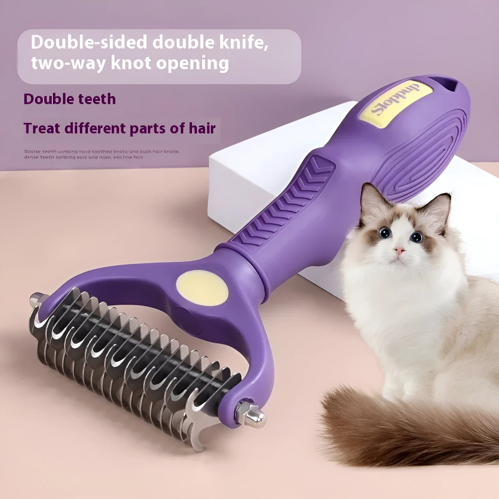 Purple double-sided plastic pet comb with fine and wide teeth for grooming cats and dogs.