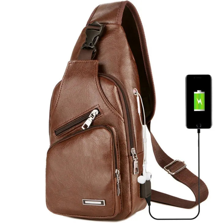 USB portable charging chest bag messenger bag small PU leather black with hardware slider front pocket