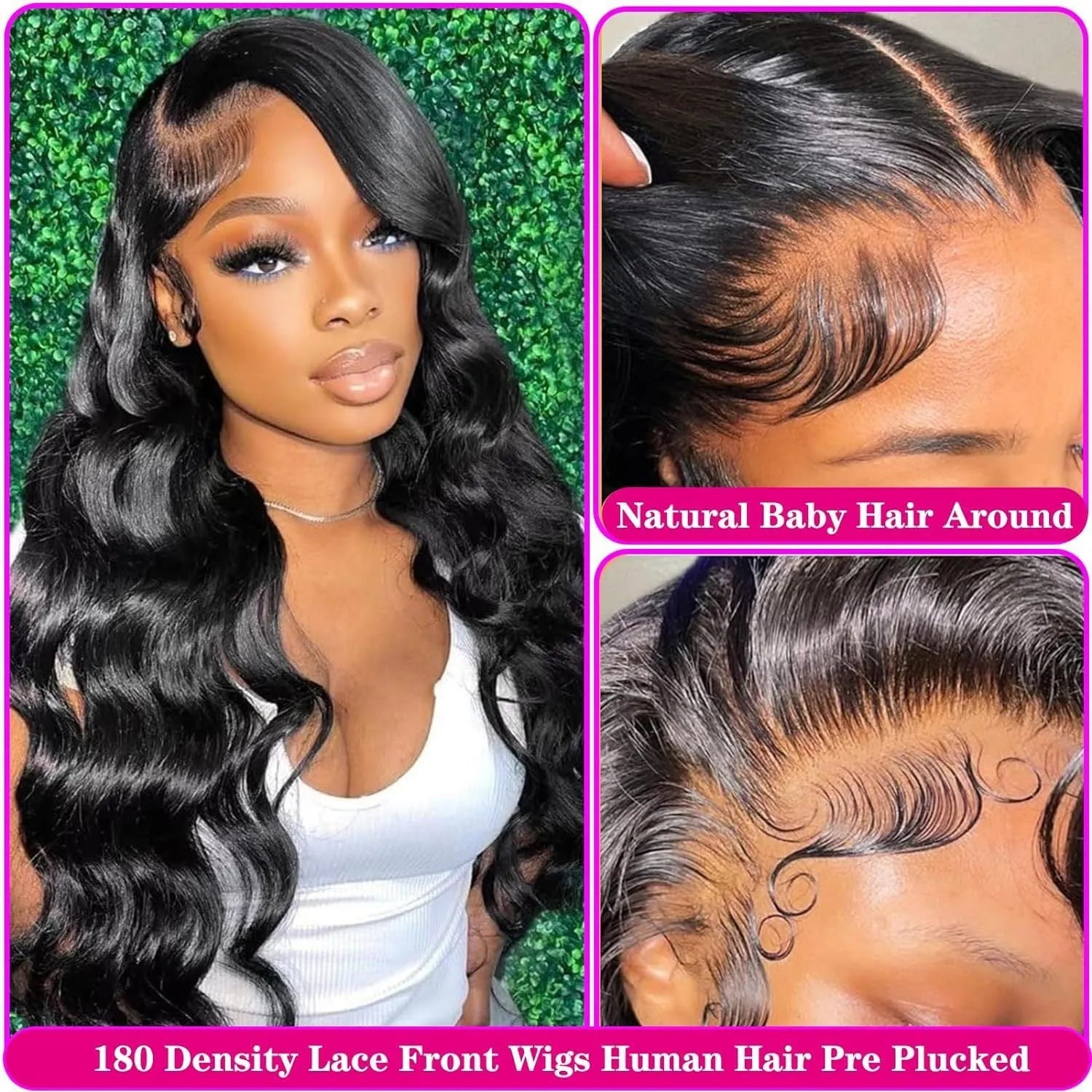 Black medium-long curly synthetic wig with a natural lace front hairline, shown from the side.