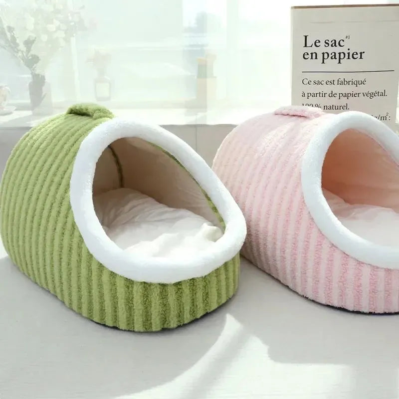 Striped thickened 3D dog bed with enclosed hole design and removable sponge mattress in blue, green, pink, or yellow.