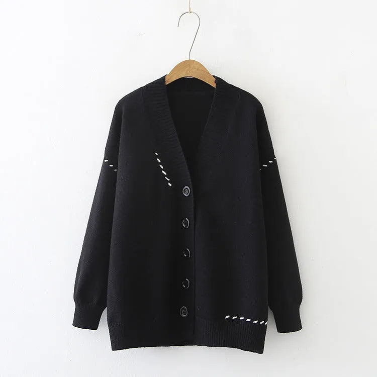 Loose fit black knitted cardigan coat with long sleeves, shown open as a casual layer.