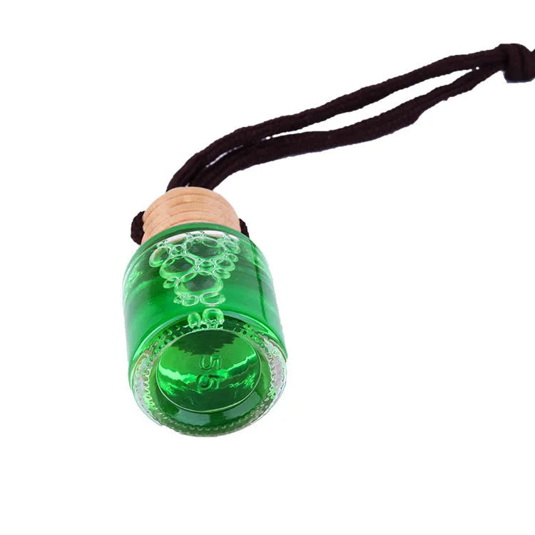 Glass bottle car air freshener hanging ornament with six fragrance options including lavender, lemon and apple scents