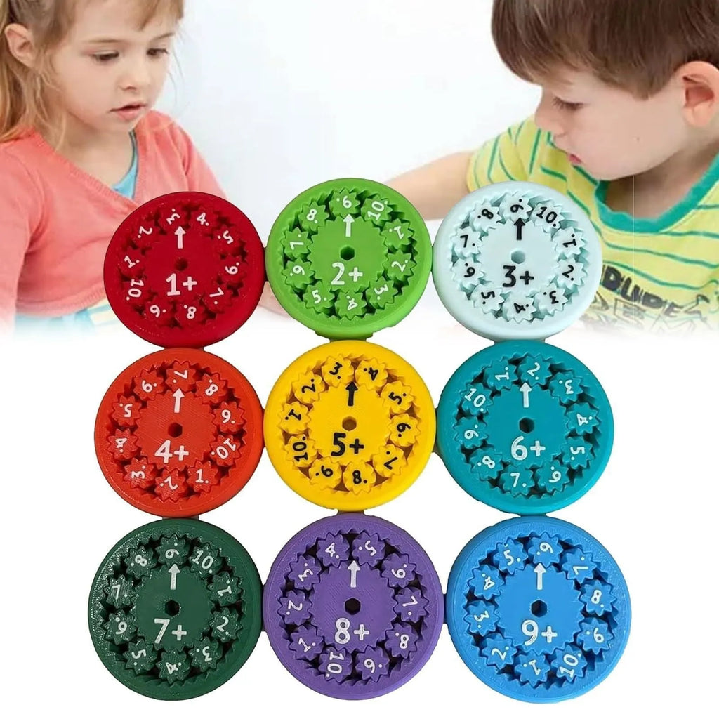 Nine plastic math fidget spinners in two colour sets for addition subtraction and multiplication division