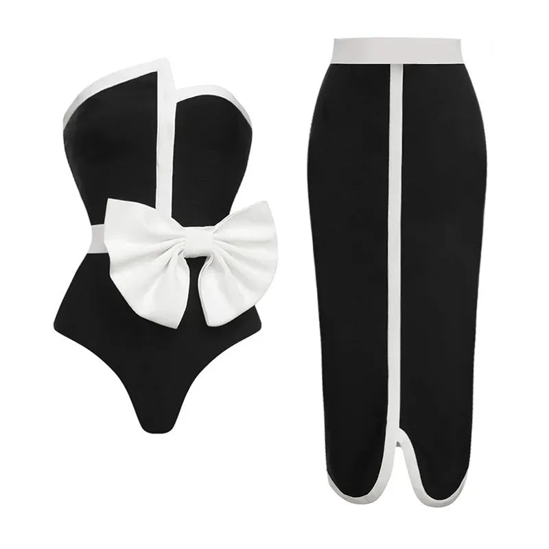 Black and white colour-blocking women's swimsuit with bow detail and irregular tube top