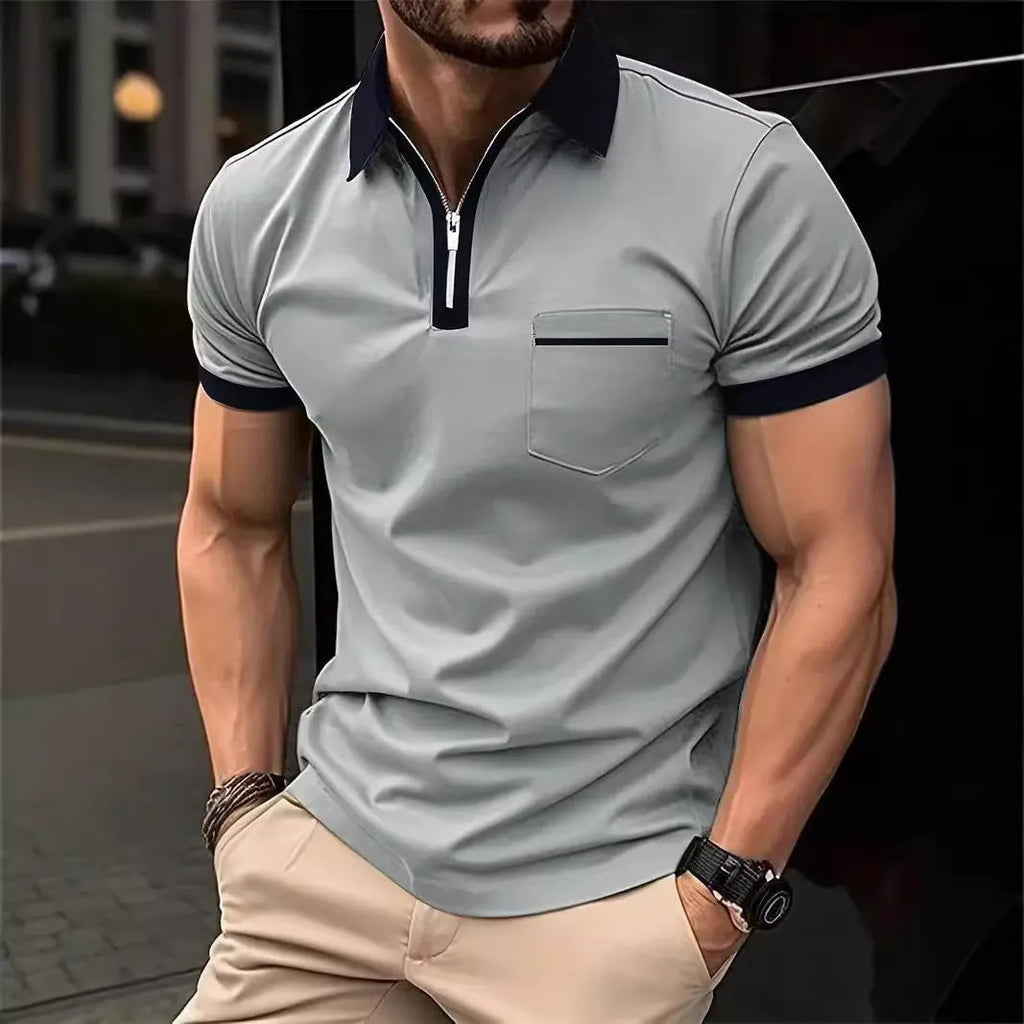 Men's loose fit short sleeve t-shirt with a chest pocket and zip trim on the front.