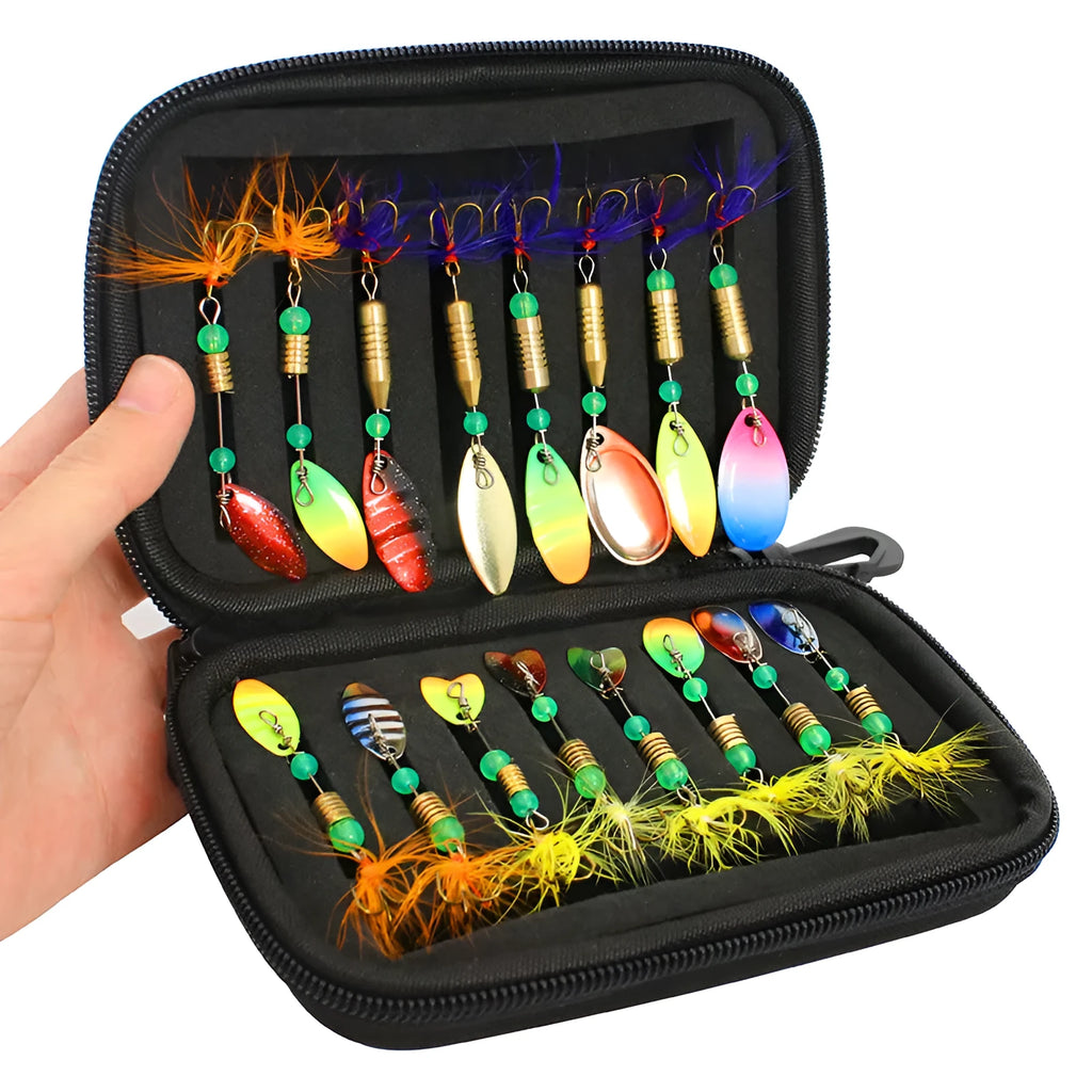 Sixteen composite fishing lures in various colours stored in a 1680D Oxford cloth case