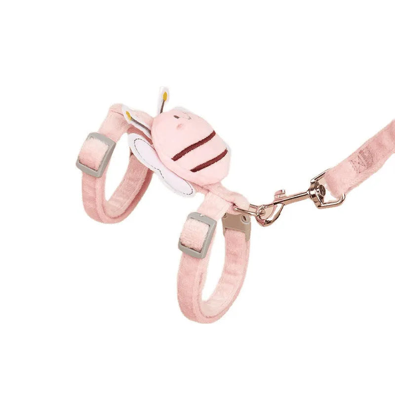 Pink, yellow, and blue bee-shaped adjustable cat lead and rope set on a white background.