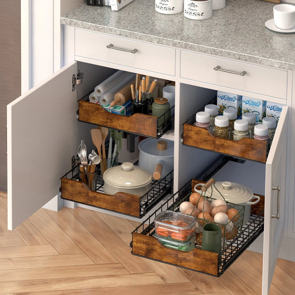 Black modern storage rack with pull-out basket drawer, made from wood and iron, for home organisation.