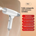 Blue and white handheld garment steamer with compact design and water tank
