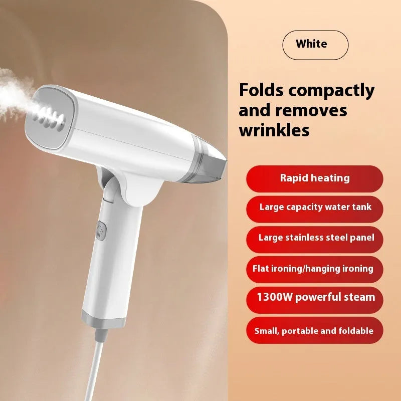 Blue and white handheld garment steamer with compact design and water tank