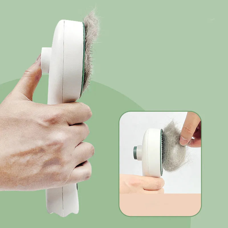 Dark green pet grooming comb with UVC sterilisation light, slicker brush, and needle comb on a grey background.
