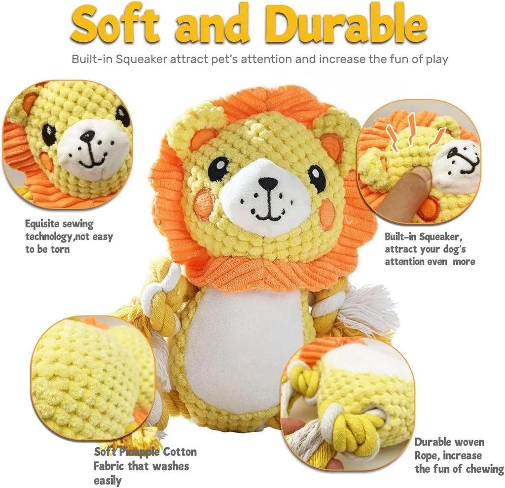 Lion and monkey plush squeaky dog toys showing size comparison