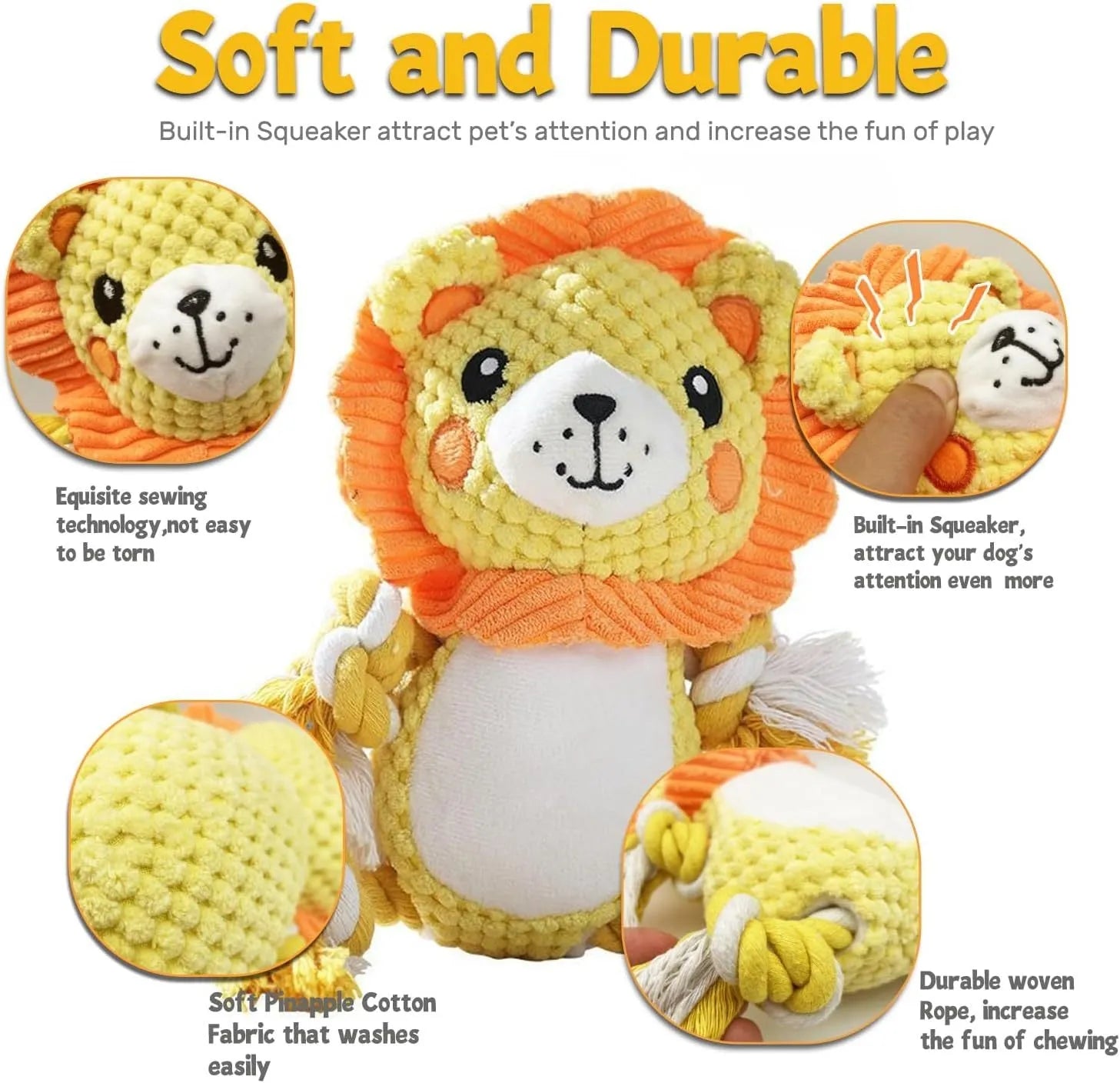 Lion and monkey plush squeaky dog toys showing size comparison