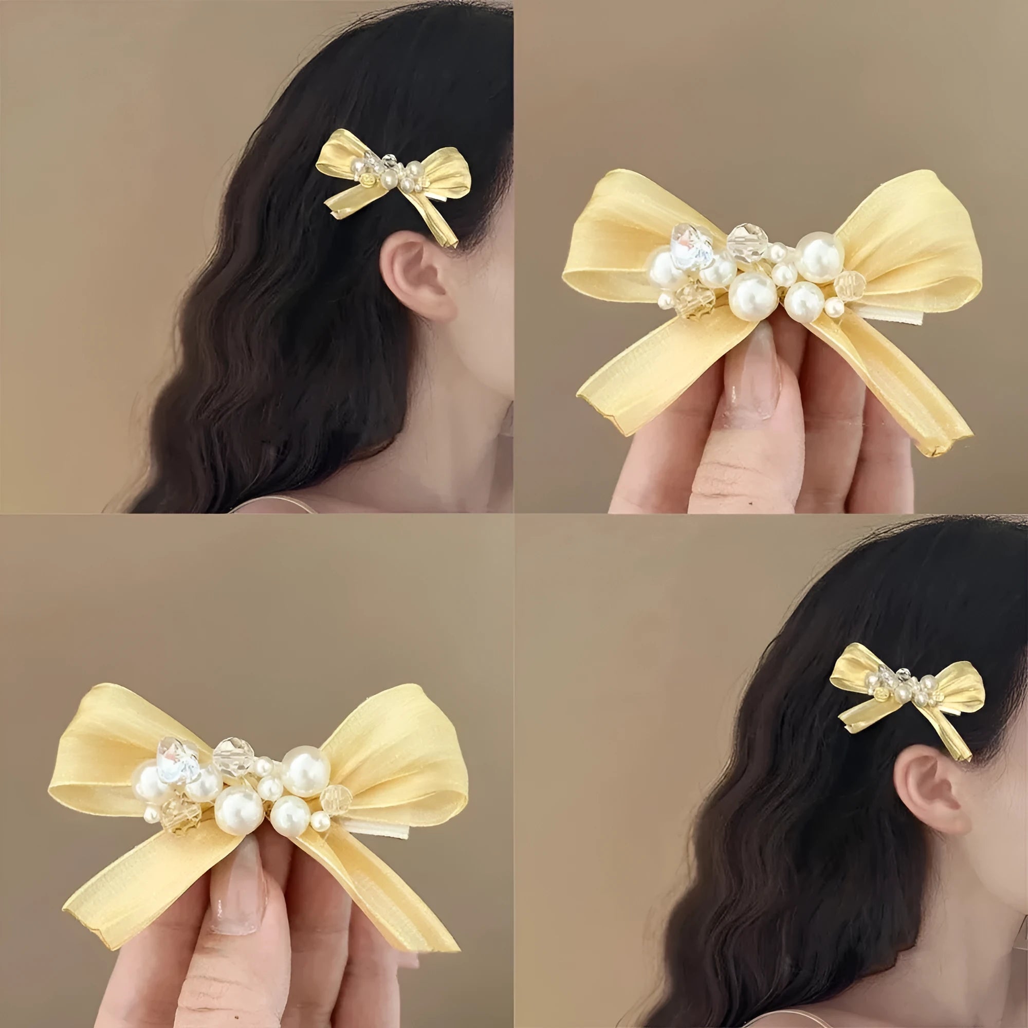Yellow fabric bow barrette with rhinestone pearls on duckbill hair clip