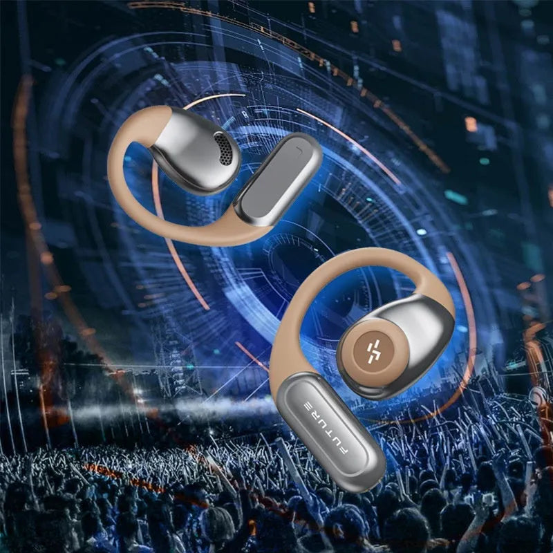 Wireless bone conduction headset in black and grey with ear hook design on blue background