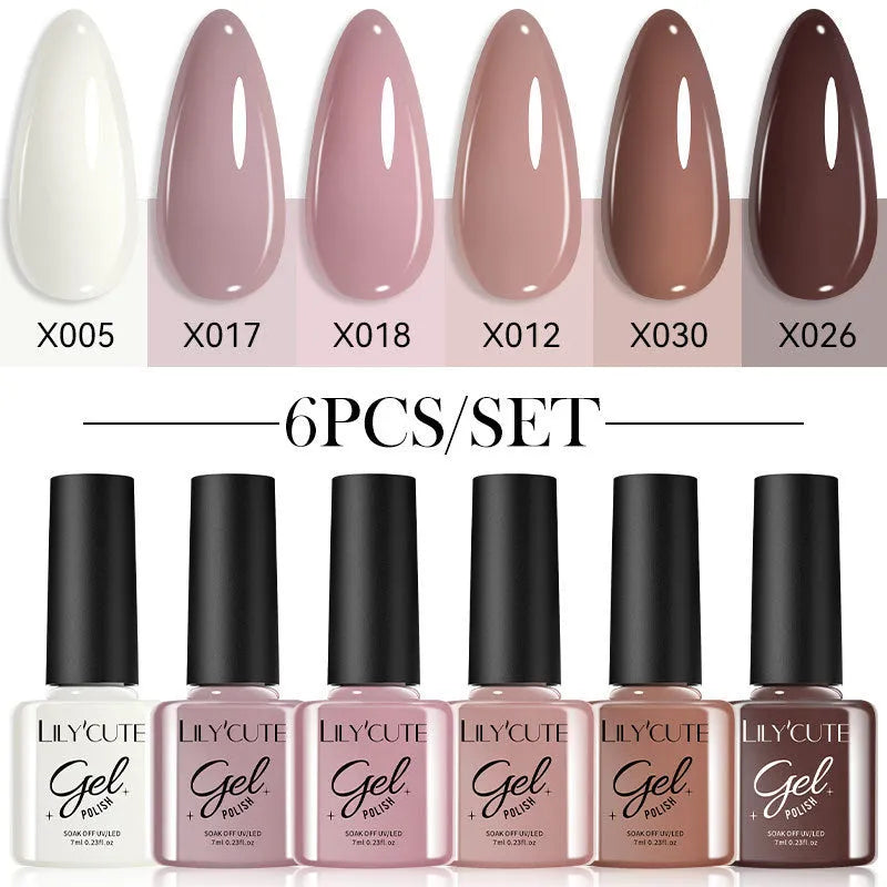 UV gel nail polish set showing bottles in multiple solid and glitter colours.
