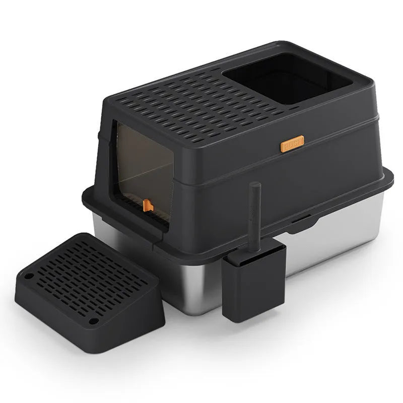 Grey enclosed cat litter box with foot pedal for hands-free opening.
