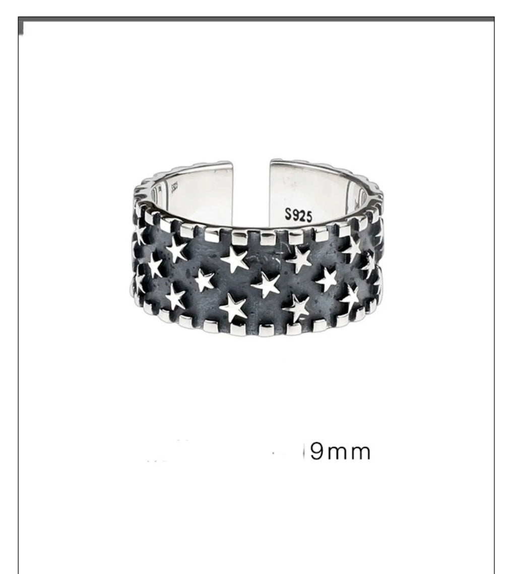 925 sterling silver adjustable ring with geometric five-pointed star pattern for men and women