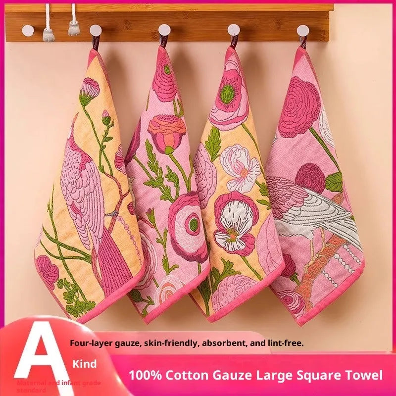 Class A pure cotton gauze square towel 40x34cm multipack with printed colour patterns on white background