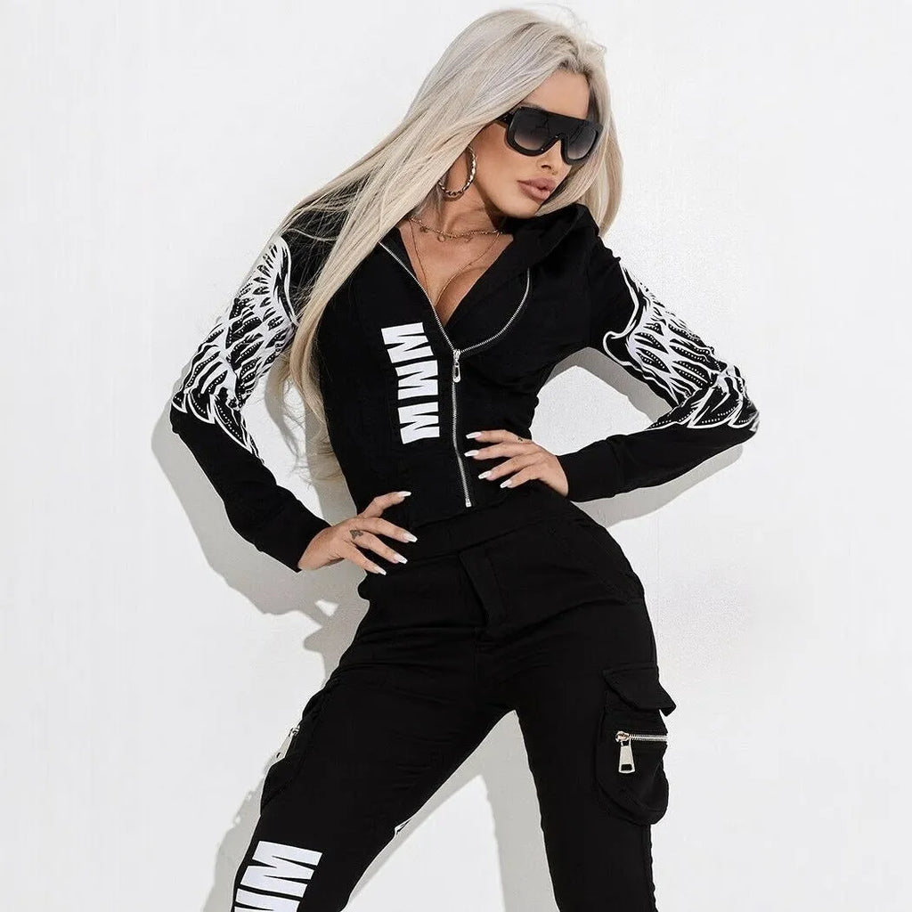 Black women's casual suit with wings print, featuring a hooded zip top and matching trousers.