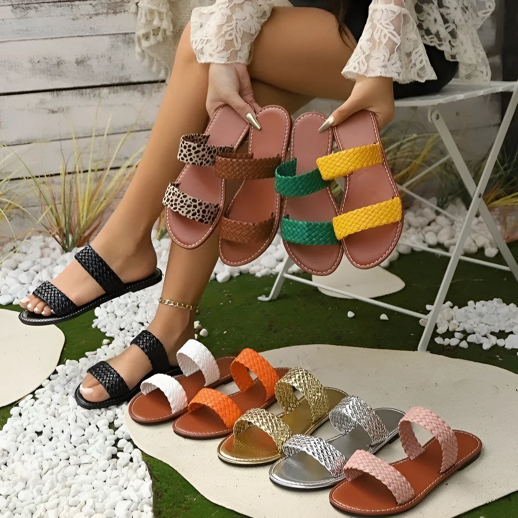 Gold woven women's beach slipper with synthetic leather upper and PVC sole, shown in size 39.