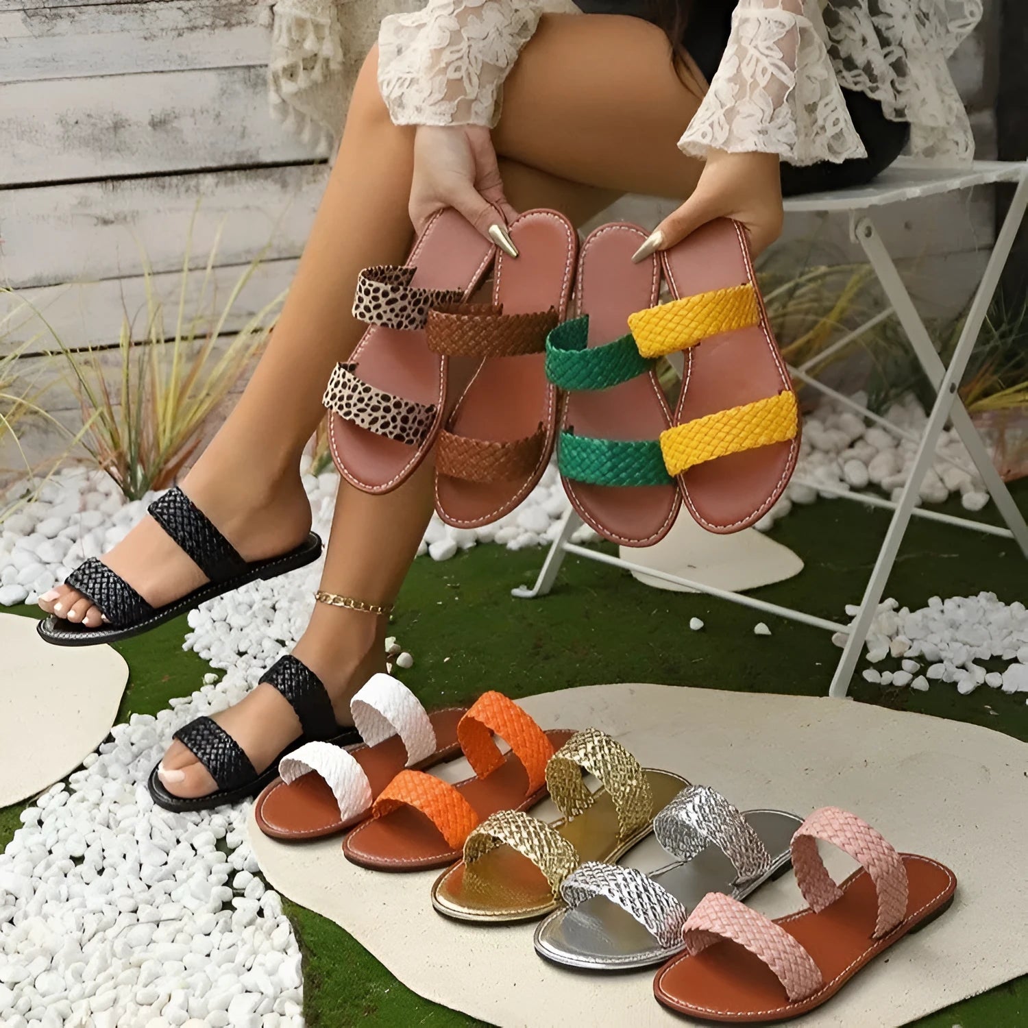 Gold woven women's beach slipper with synthetic leather upper and PVC sole, shown in size 39.