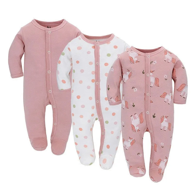 Set of three pure cotton baby jumpsuit rompers with long sleeves and concealed hook closures in animal print designs