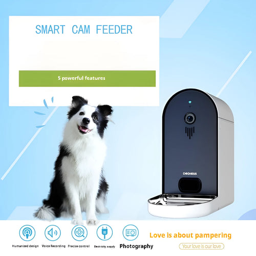 Automatic pet feeder with remote monitoring in Barbie pink and ivory white colours
