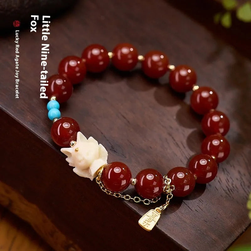 10mm red agate ivory nut round bead bracelet with Phoenix Nine zodiac animal design, retro women's jewellery