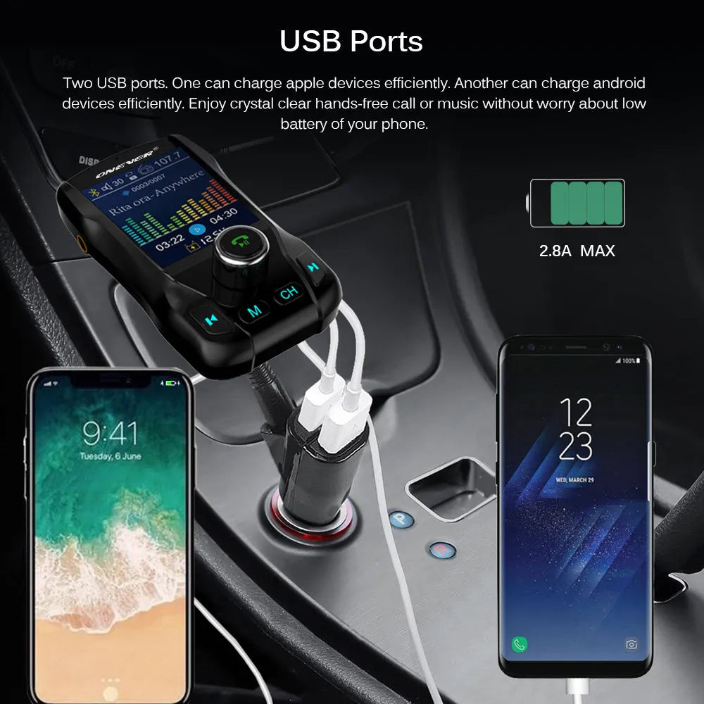 Car Bluetooth FM transmitter with colour screen showing FM frequency and dual USB charging ports