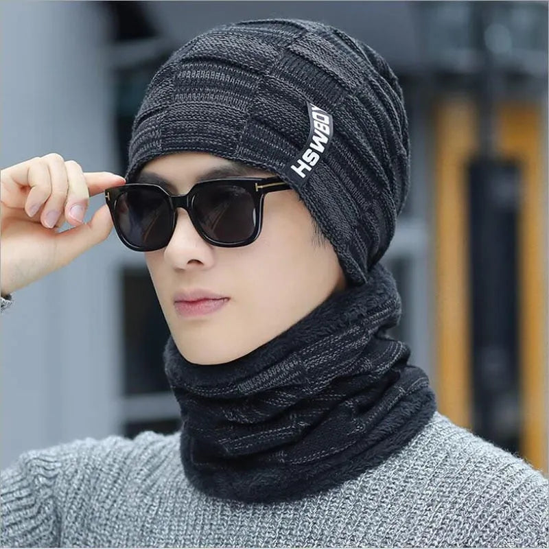 Cotton knitted hat with earflaps for men 2-piece set black grey khaki navy red warp knit satin finish