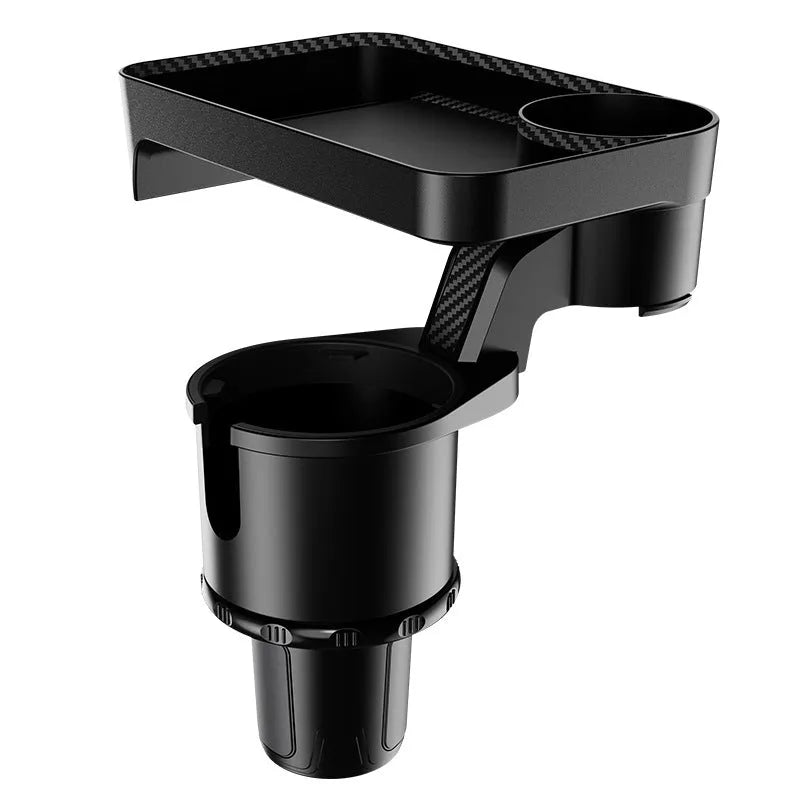 360 degree rotating car centre console tray rack in carbon fibre and matt black plastic with retractable bottom, L and S sizes