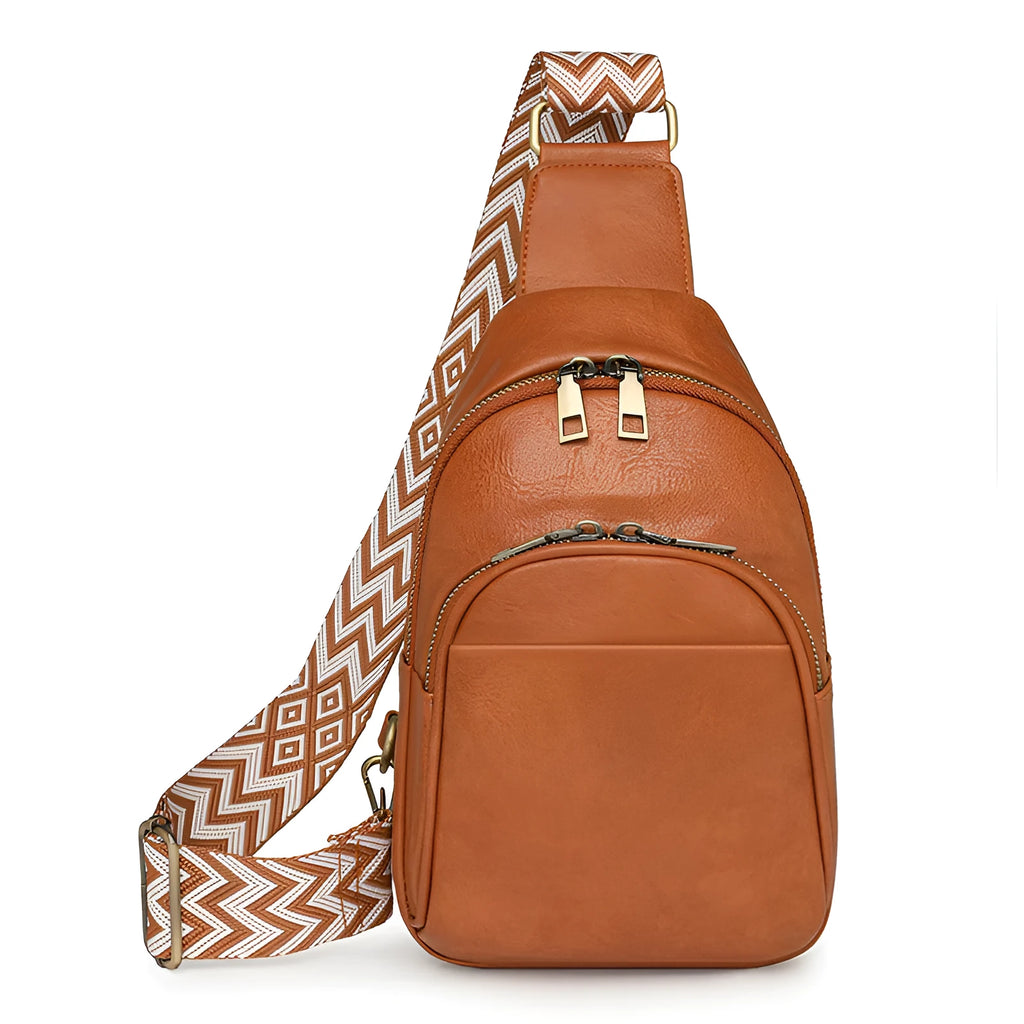 Women's vintage crossbody bag in tan PU with patchwork design and phone pocket