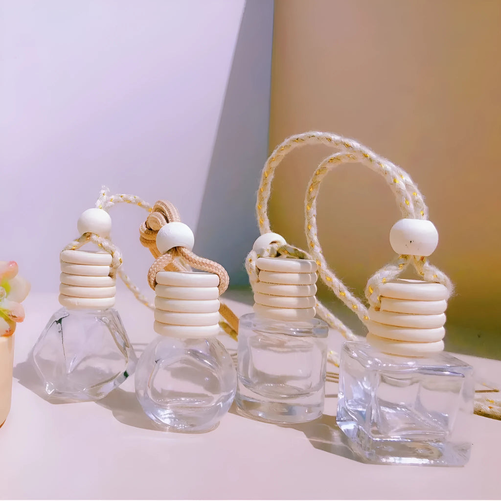 Car perfume pendant fragrance in glass bottle with cylinder, diamond, flat drum and square style options