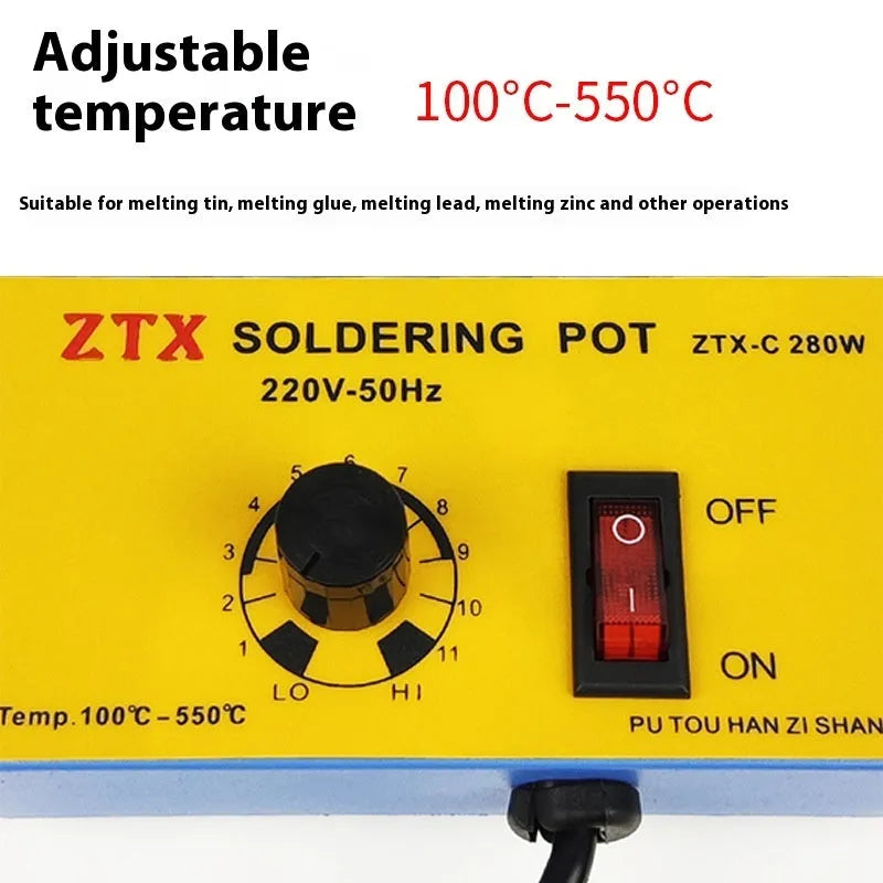 Desktop adjustable temperature tin melting furnace with thermostat dial and titanium-plated crucible.