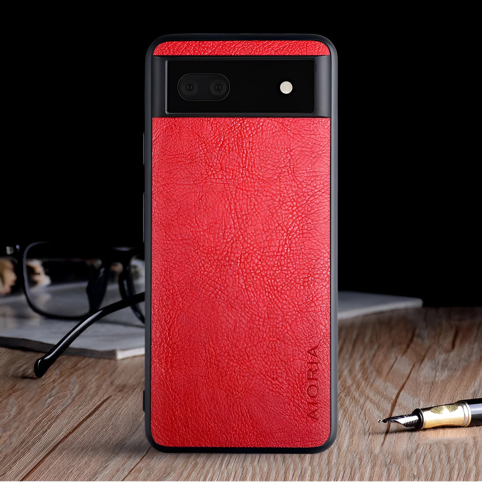 Black PU lychee skin texture phone case for Google Pixel 6, showing all-inclusive glass design.