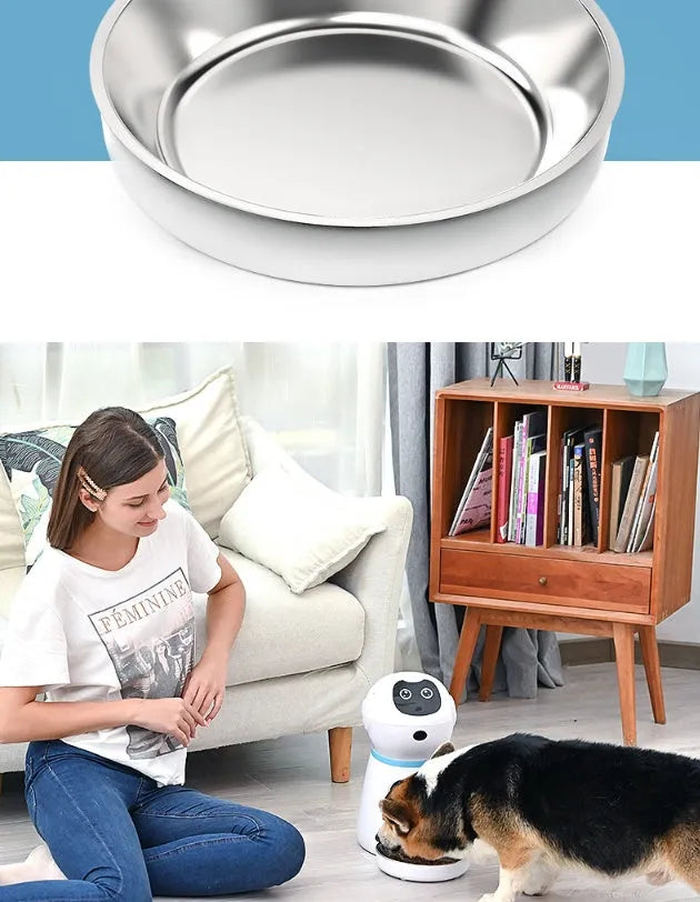 White automatic pet feeder with removable grain barrel, metal food tray, and 4-meal daily scheduling for 5mm-12mm dry food.