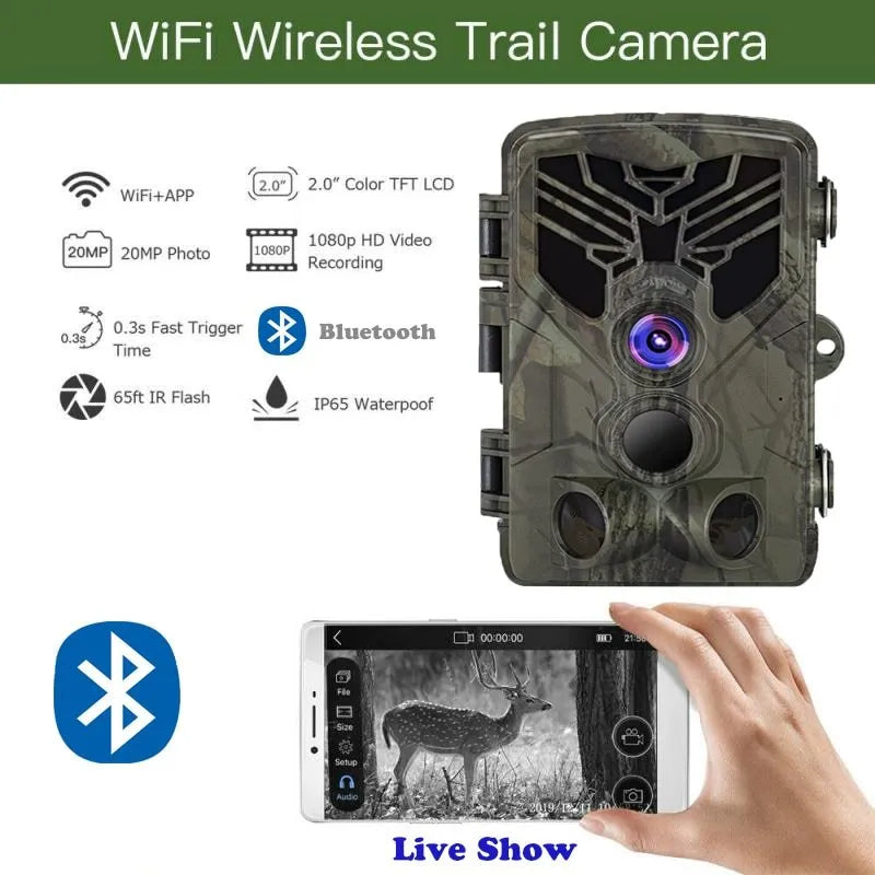 Wifi830 compact WiFi hunting camera with camouflage finish, showing lens and infrared LEDs