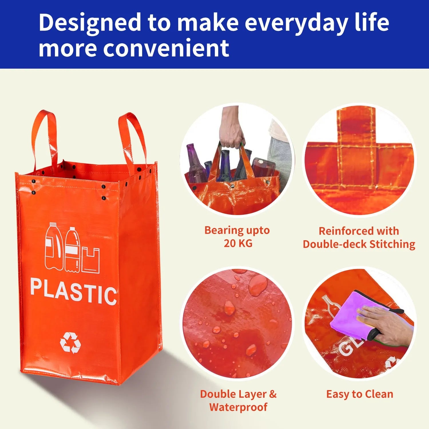 Blue reusable PP plastic 40L garbage bag handbag for waste classification, dimensions 30x50x30cm.