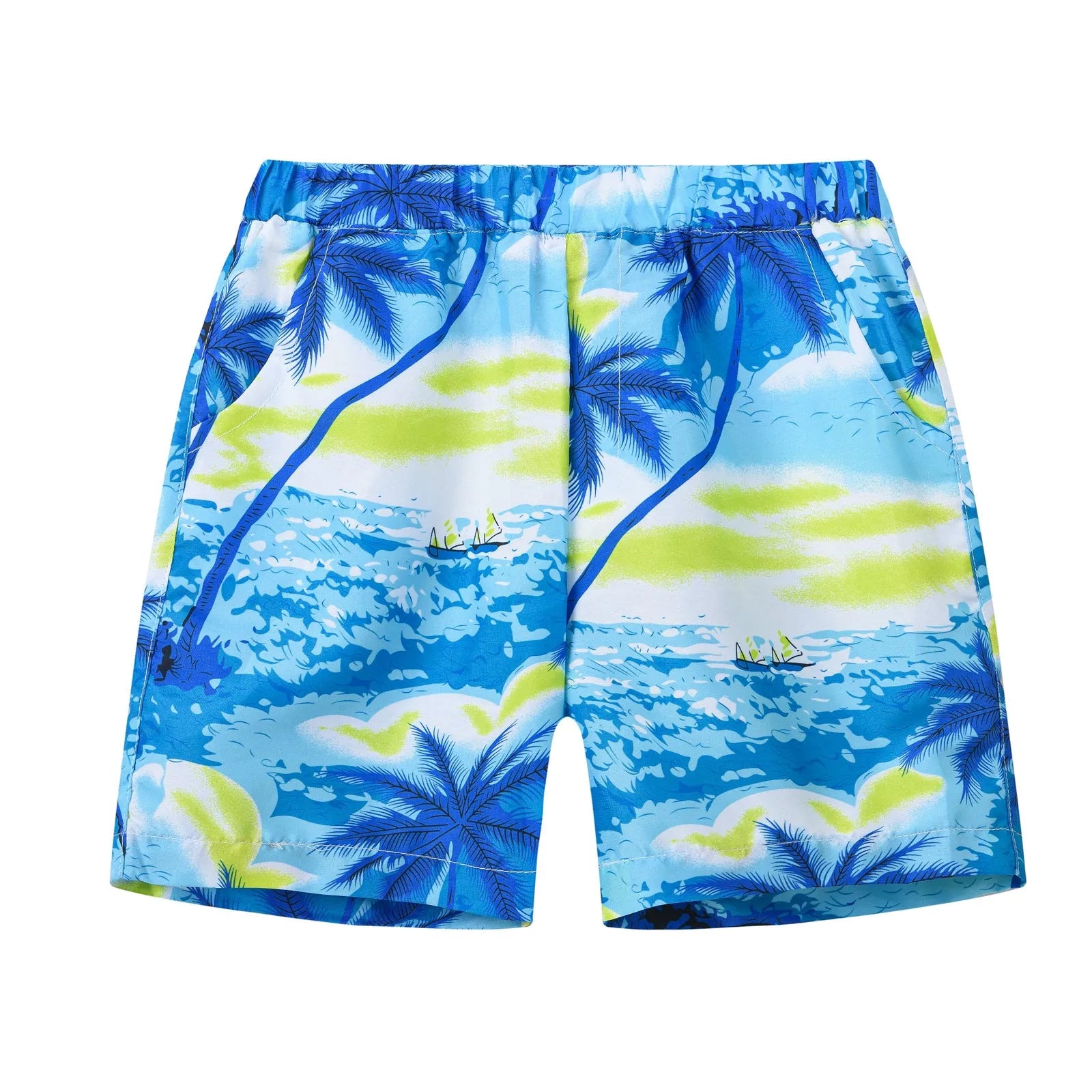 Children's elastic waist beach shorts with colourful coconut tree print, shown in shorts length.