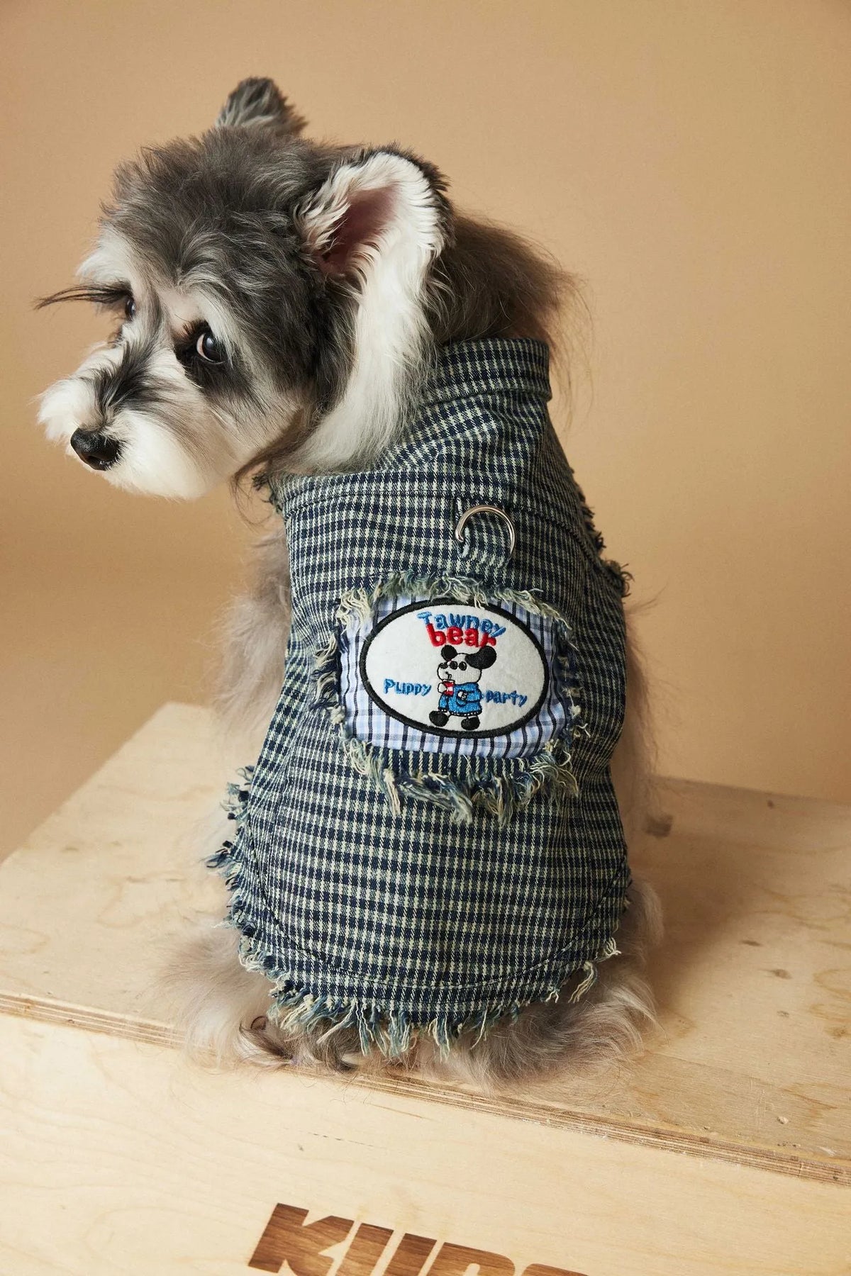 Blue washed old plaid sleeveless denim dog vest in cotton, sizes XS to XXL, spring autumn pet clothing