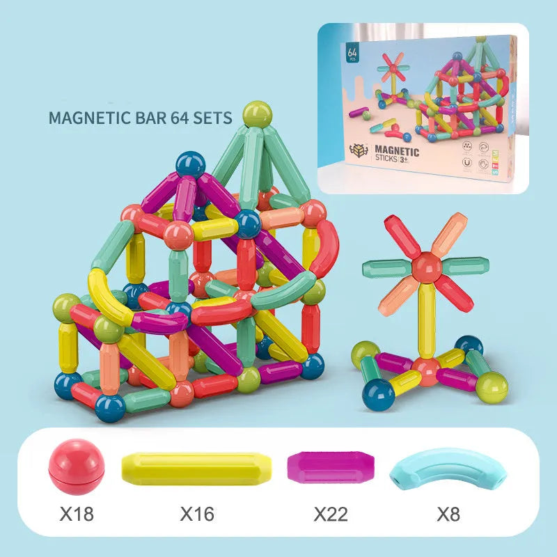 Magnetic building blocks set with 25-64 colourful ABS plastic pieces in a box