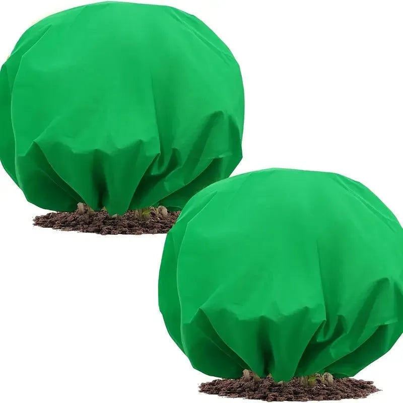 Round winter non-woven plant camera cover in green with drawstring for frost protection