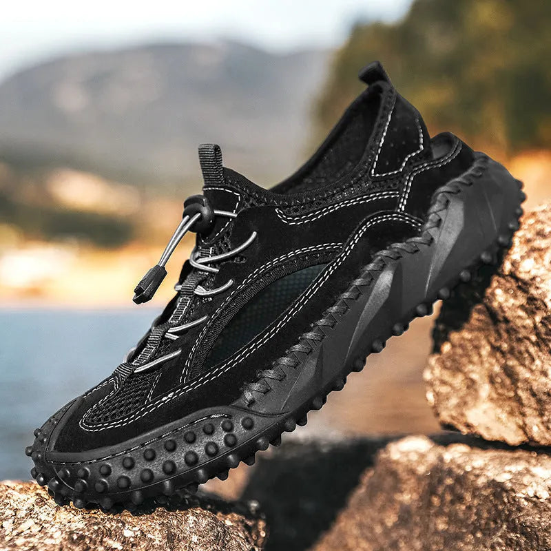Men's waterproof sports sandals with leather mesh uppers, rubber soles, and elastic band closure in black, grey, or khaki